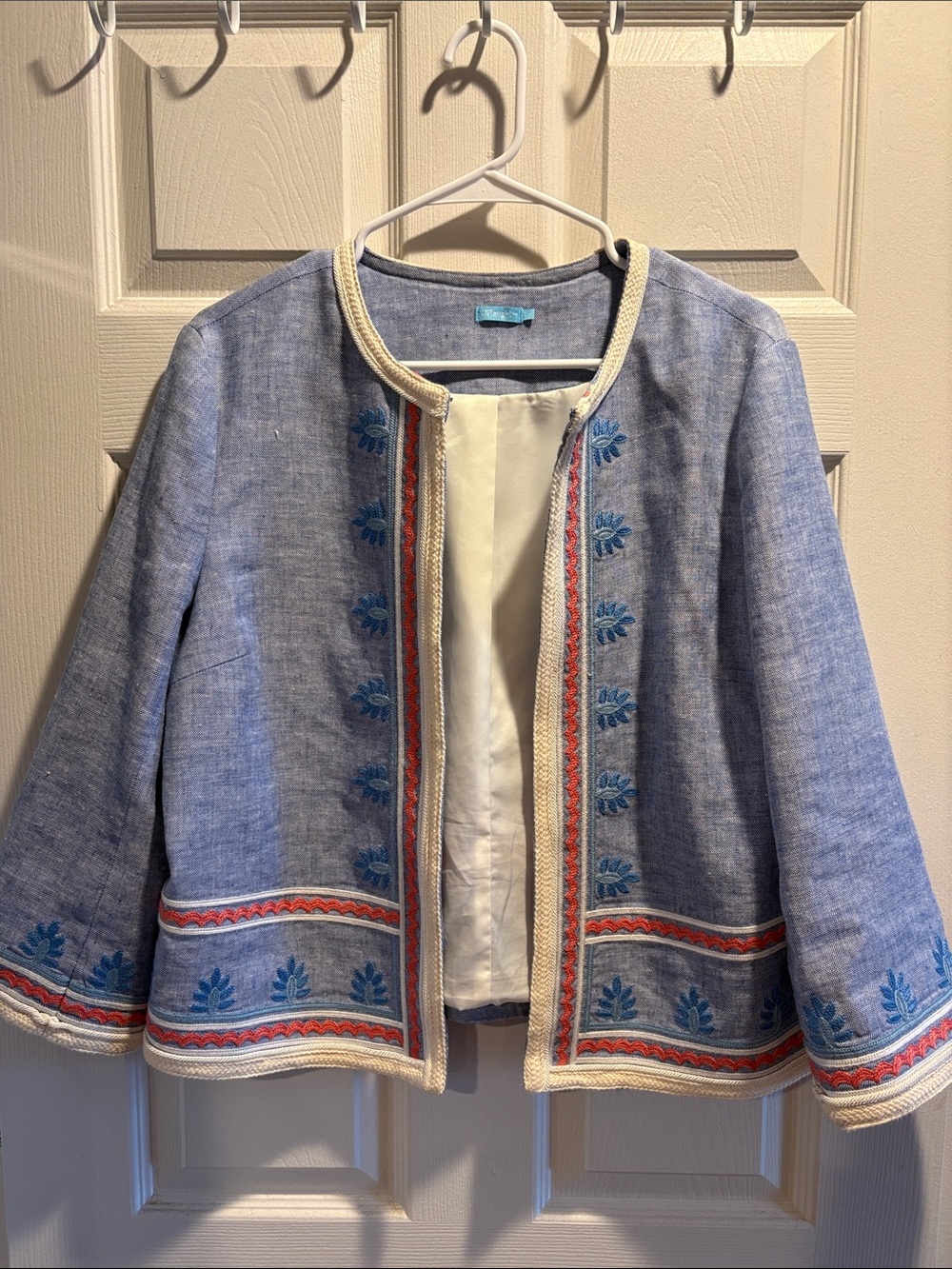 Light Blue Embroidered Open-Front Jacket with Coral Trim